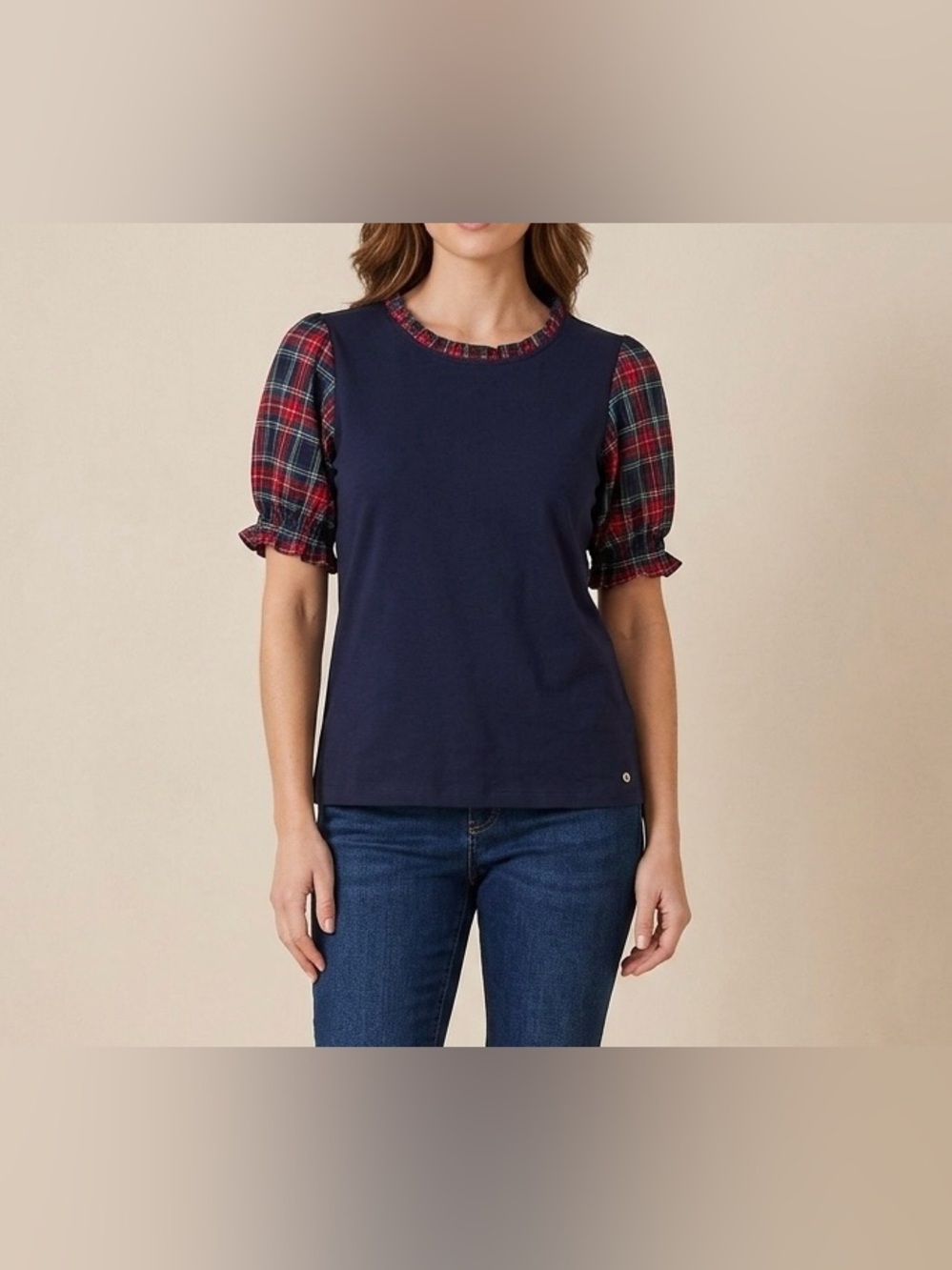 Tommy Hilfiger Womens Mixed Media Plaid Puff Sleeve Top Navy Blue Size L Large